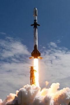 Massive space rocket launching into the blue sky with powerful fire exhaust and smoke clouds