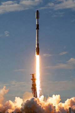 Massive space rocket launching into the blue sky with powerful fire exhaust and smoke clouds