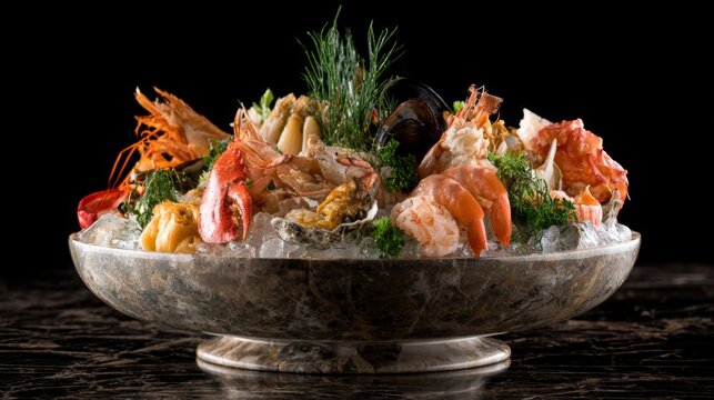 Exquisite seafood platter with shrimp, crab, lobster, and fresh herbs arranged beautifully on ice for a luxurious dining experience