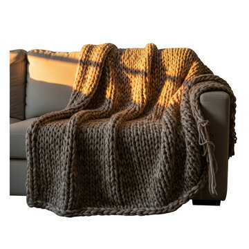 Brown Knitted Blanket on Sofa.