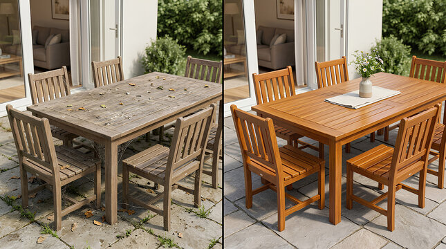 Comparison of weathered and polished wooden outdoor dining tables showcasing different finishes and textures