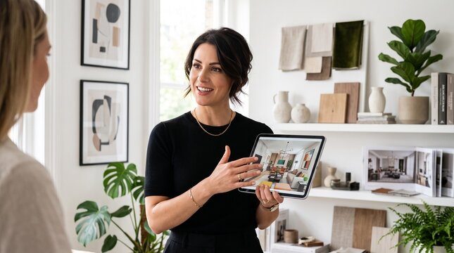 Skilled interior designer consults with a client, digitally presenting innovative home decor concepts and personalized room layouts on a tablet device during a professional meeting
