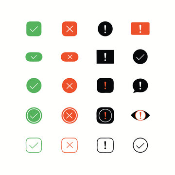 Status icon set of check mark, cross, exclamation symbols. Success, error, warning indicators. System notification and confirmation, alerts, feedback states