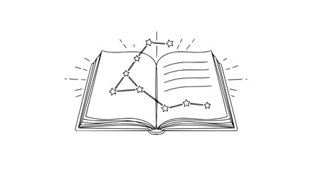 Open book with constellation overlay, representing knowledge, imagination, and cosmic discovery. © Pratama