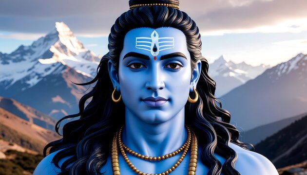 Lord Shiva portrait with snow capped Himalayan peaks background