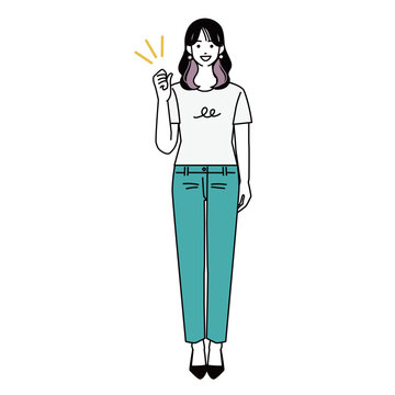 拳を上げてガッツポーズをするカジュアルな女性の全身イラスト