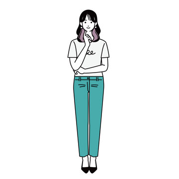 あごに手を当てて考え事をするカジュアルな女性の全身イラスト
