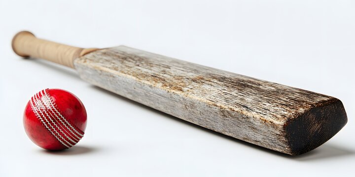 Old wooden cricket bat resting next to a red leather ball on white surface