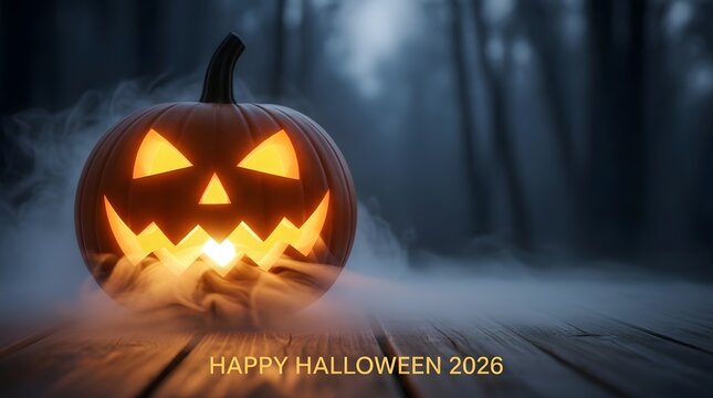 Happy halloween 2026 greeting with a glowing jackolantern in a misty forest