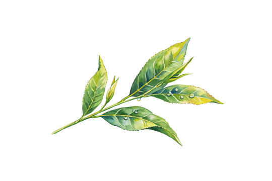 A realistic botanical of a fresh green tea branch with several leaves and water droplets, isolated on a clean white background surface