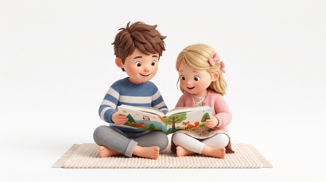 A 3D-style Two cute cartoon children sitting together reading a book. Isolated on a white background.