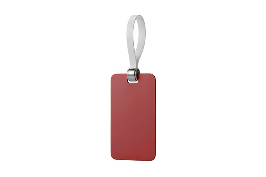 A rectangular red luggage tag with a white fabric strap and a silver metal buckle, isolated on a white background, for travel branding