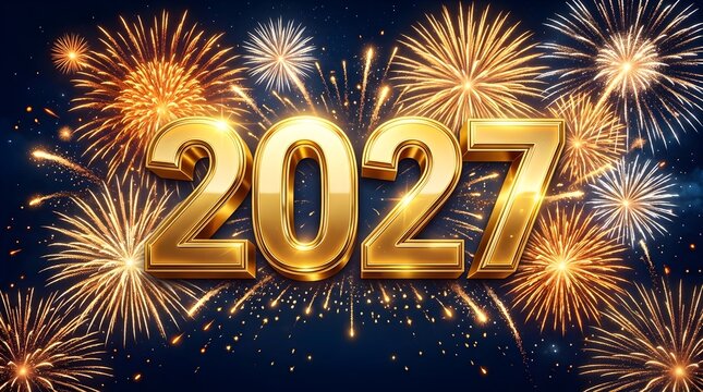 Golden 2027 numbers with bright fireworks display in the night sky for a happy new year celebration