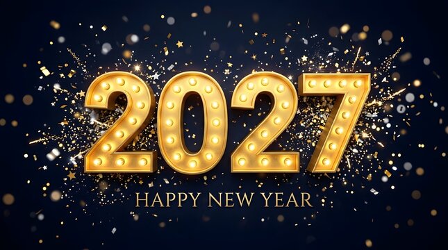 Festive gold 2027 numbers with glowing lights and sparkling confetti background for a happy new year celebration design