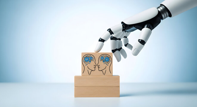 Robot Hand Placing a Wooden Block with Human Brain Connection Icons Representing Artificial Intelligence Collaborative Learning and Machine Thinking