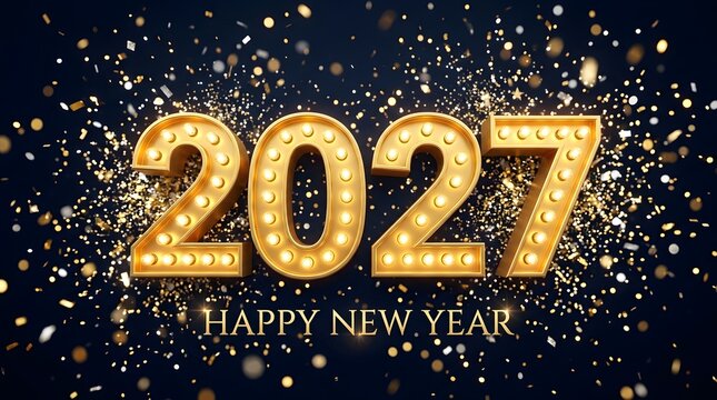 Festive golden 2027 numbers with glowing light bulbs and sparkling confetti background for a happy new year celebration