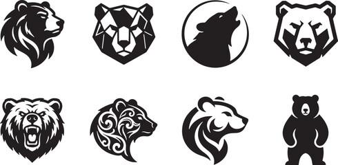 Black and white panda bear head and face different styles vector set © mstfensy