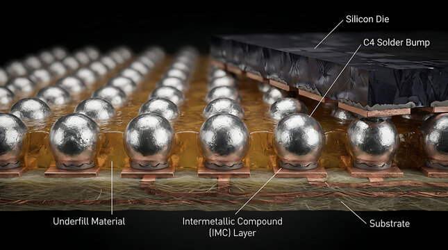 GPU C4 Flip Chip Solder Bump Array Underfill Intermetallic Layer Macro 3D Semiconductor Render