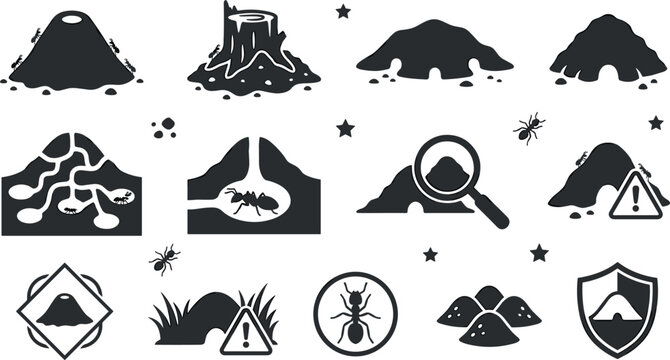 Anthill and Insect Nest Silhouette Icon Set Featuring Termite Mounds, Cross Section Tunnels, Extermination Warning Signs, Magnifying Glass, and Shield Protection Icons