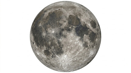 Obraz premium Full moon isolated on white background, detailed lunar surface with craters and grey textures, celestial satellite sphere for space design