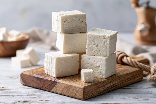 Stacked cubes of soft white tofu rest on rustic wooden cutting board.