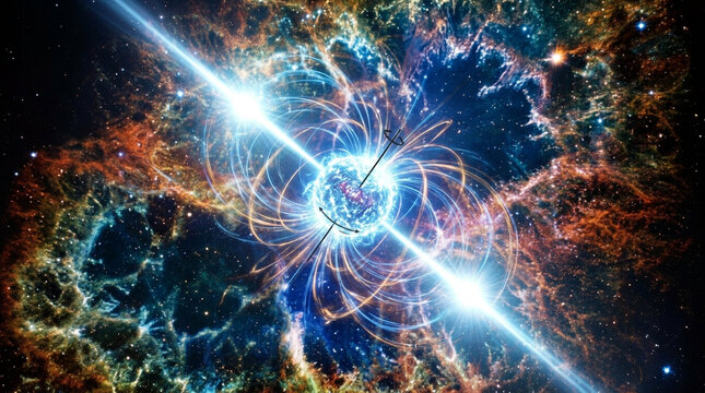 Supernova explosion in deep space, cosmic nebula with glowing pulsar and magnetic field lines, vibrant interstellar gas and stellar dust