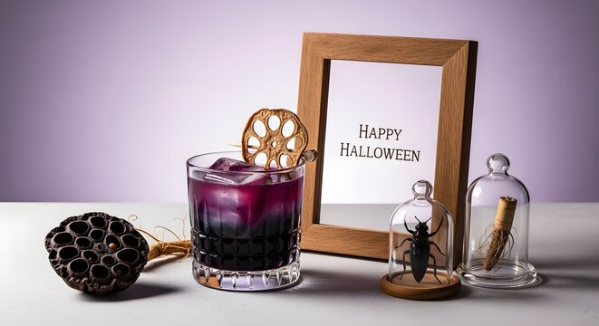 Halloween cocktail with lotus root garnish, beetle in glass cloche, and wooden frame with happy halloween text on a purple background