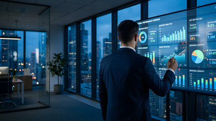 Fototapeta premium Businessman Analyzing Data on Interactive Digital Screen in Modern Office