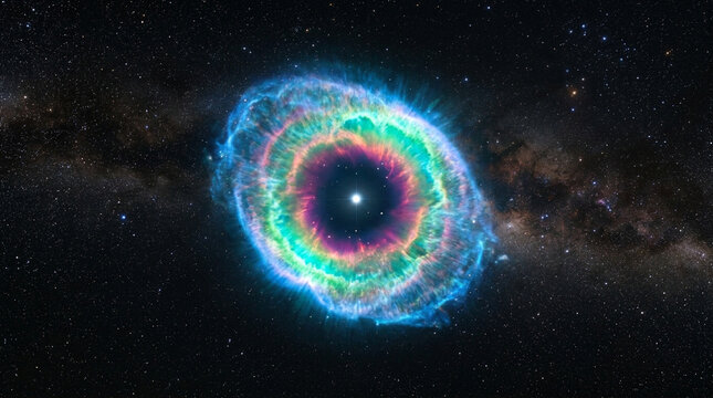 Cosmic nebula with vibrant glowing rings in deep space, colorful supernova explosion in starry galaxy, celestial eye shaped gas cloud in universe