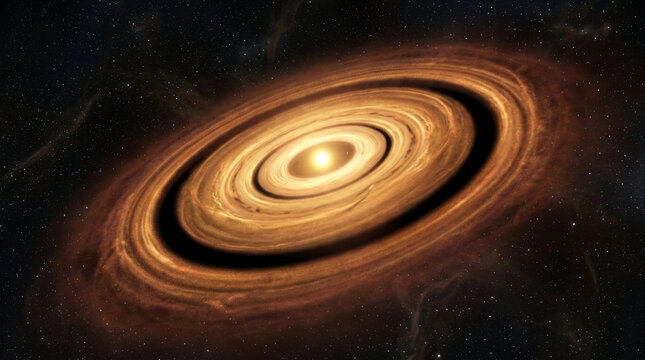Protoplanetary disk surrounding a young star, cosmic dust and gas forming a solar system, glowing accretion disk in deep space