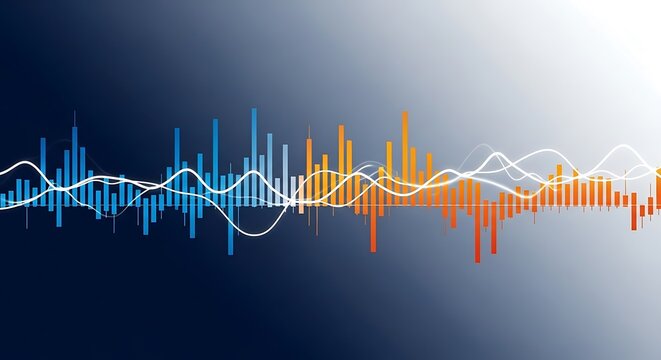 Digital of a financial stock market chart with blue and orange bars and white wave lines on a dark gradient background