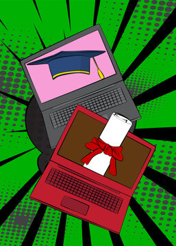 Cartoon Laptop, comic book Notebook with Graduation Cap and Rolled Up Diploma. Retro vector comics pop art design.