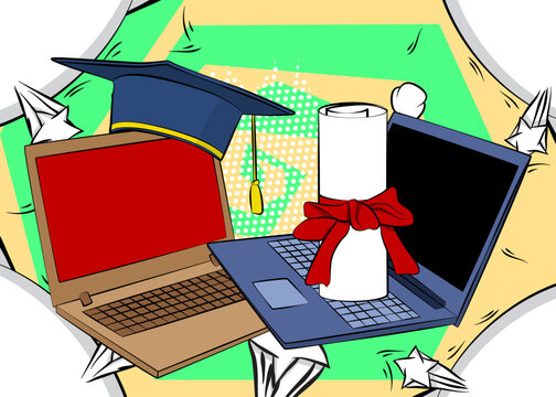 Cartoon Laptop, comic book Notebook with Graduation Cap and Rolled Up Diploma. Retro vector comics pop art design.