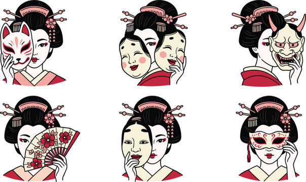 Japanese Geisha and Maiko Vector Character Set Holding Traditional Masks, Kitsune, Hannya, Okame, and Folding Fan for Culture and Travel Designs