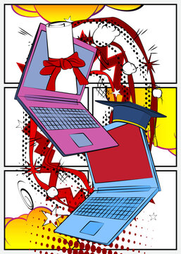 Cartoon Laptop, comic book Notebook with Graduation Cap and Rolled Up Diploma. Retro vector comics pop art design.