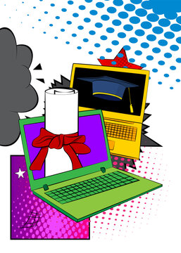 Cartoon Laptop, comic book Notebook with Graduation Cap and Rolled Up Diploma. Retro vector comics pop art design.