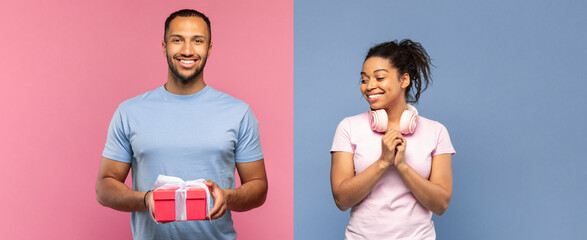 Obraz premium Smiling Man Of Mixed Ethnicity Holding Gift Box While Happy Woman Of African Descent With Headphones Looks Excited, Set Against Bright Colorful Background. Celebration Concept.