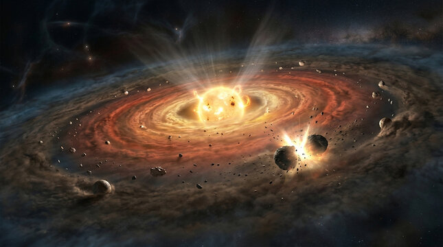Cinematic solar system formation, glowing protostar with protoplanetary disk, cosmic dust and gas swirling in deep space, astronomical nebula background