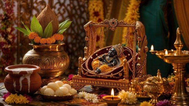 Little Krishna idol lying in a decorated golden cradle during Krishna Janmashtami celebration. Traditional Indian festive arrangement with brass lamp, kalash and milk sweet offering.