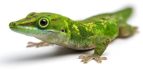 Fototapeta premium A vibrant green lizard poses on a white background with focused eyes
