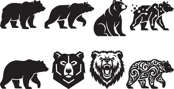 Black bear walking and standing in different poses vector illustration