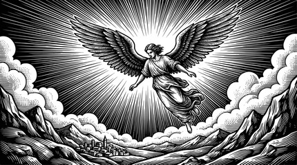 Obraz premium Angel Flying Over Mountain Village in Black and White Woodcut Style