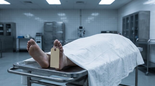 Deceased person covered with a white sheet lying on a metal autopsy table in a morgue.