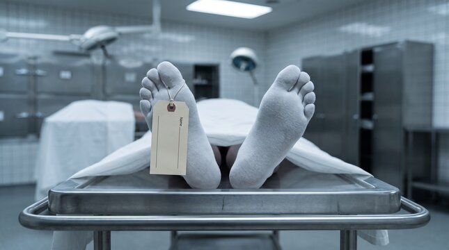 Human feet with a toe identification tag lying on a metal table in a morgue.