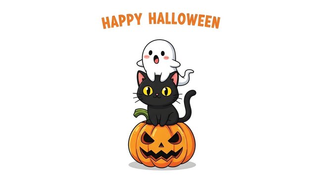 Cute happy halloween illustration with a ghost sitting on a black cat sitting on a pumpkin isolated on white background