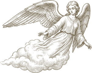 Obraz premium Vintage engraving of an angel flying through clouds illustration