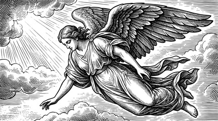 Obraz premium Vintage Woodcut Engraving of a Winged Angel Flying through the Clouds