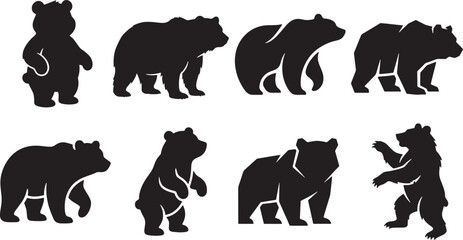 Fototapeta premium Black bear walking and standing in different poses vector illustration