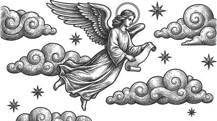 Obraz premium Vintage woodcut illustration of a flying angel with scroll and stars