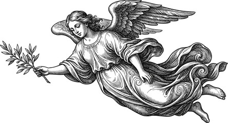 Obraz premium Vintage Engraving of Flying Angel Holding Olive Branch